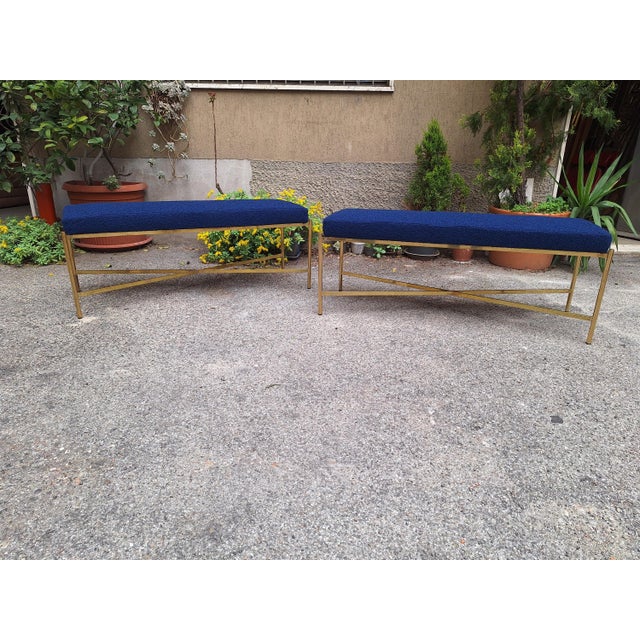 Benches in Brass and Electric Blue Fabric, 1990s, Set of 2 For Sale - Image 6 of 16