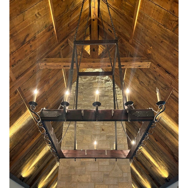 Custom 2000s Iron and Wood Pot Rack Chandelier | Chairish