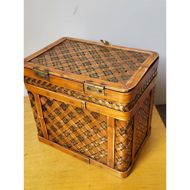 1980s Artisan Bamboo Brass Woven Storage Container For Sale - Image 11 of 12