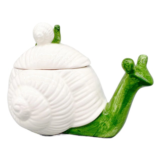 1970's Fitz and Floyd Ceramic Snail Trinket Dish – Lidded Jar With Green and White Glaze For Sale