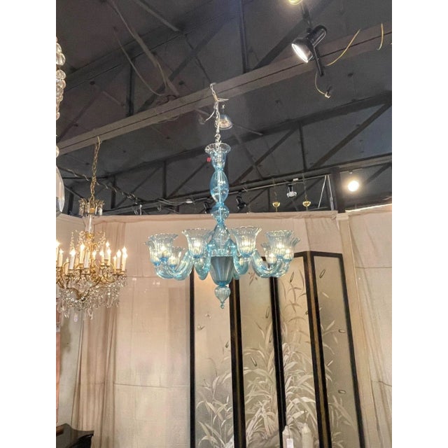 Modern Modern Blue Murano Glass Chandelier With 10 Lights For Sale - Image 3 of 9
