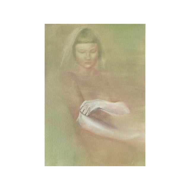 About the painting a soft haze envelops this intimate scene. The atmosphere feels suspended in time. A female figure...