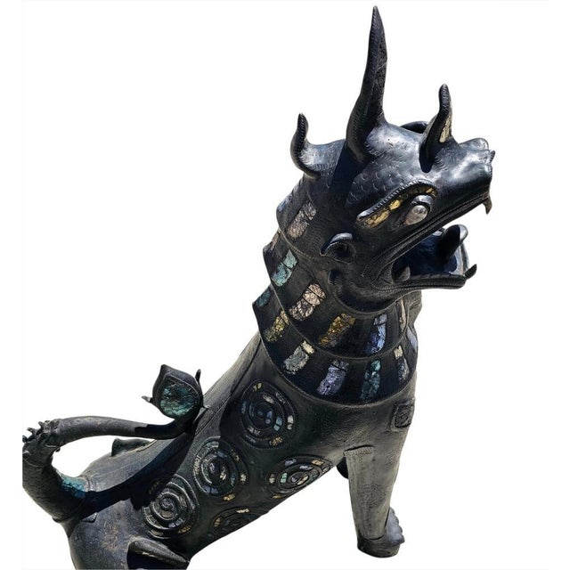 1950s Large Jeweled Burmese Bronze Chinthe Guardian Lion Foo Dogs, 2 Pieces For Sale - Image 10 of 17