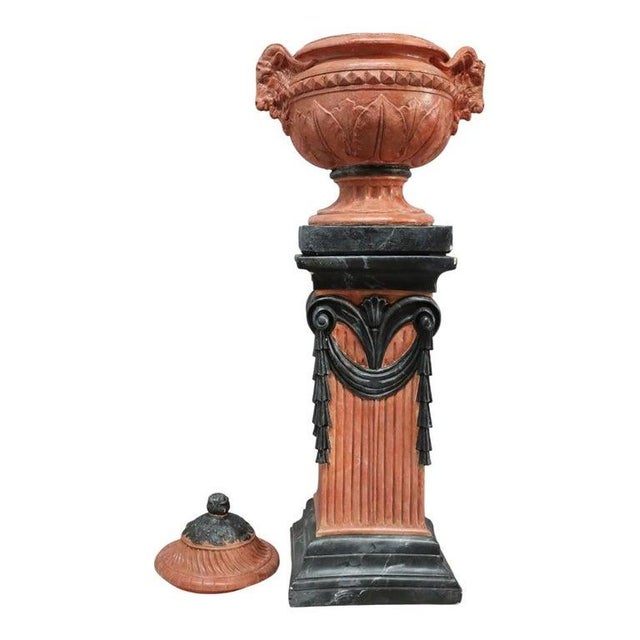 Stone Pair Neoclassical Figural & Foliate Terra Cotta Garden Urns & Pedestals For Sale - Image 7 of 12