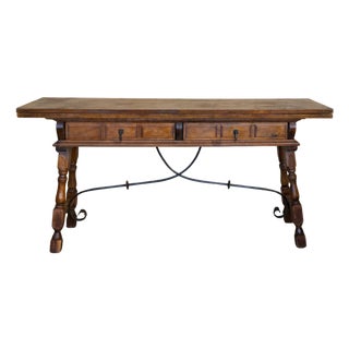 20th Century Spanish Console Fold Out Table with Iron Stretcher and Two Drawers For Sale