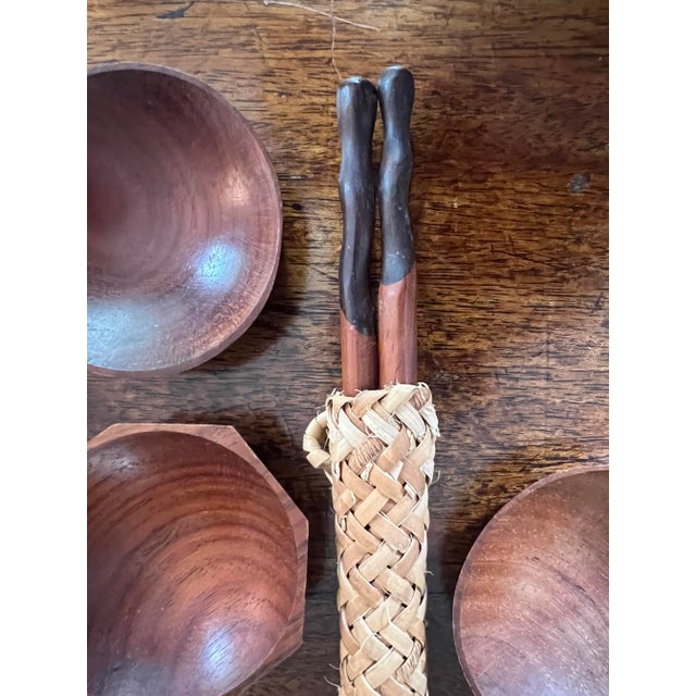 1990s Wood Chopsticks With Rattan Holder & Dipping Bowls Set- 15 Pieces For Sale In Cincinnati - Image 6 of 12