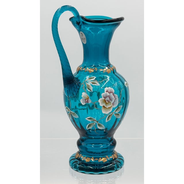 Fenton Art Glass Company 1990s Fenton Teal New Century Collection Vase Hand Painted, Gold Encrusted For Sale - Image 4 of 12