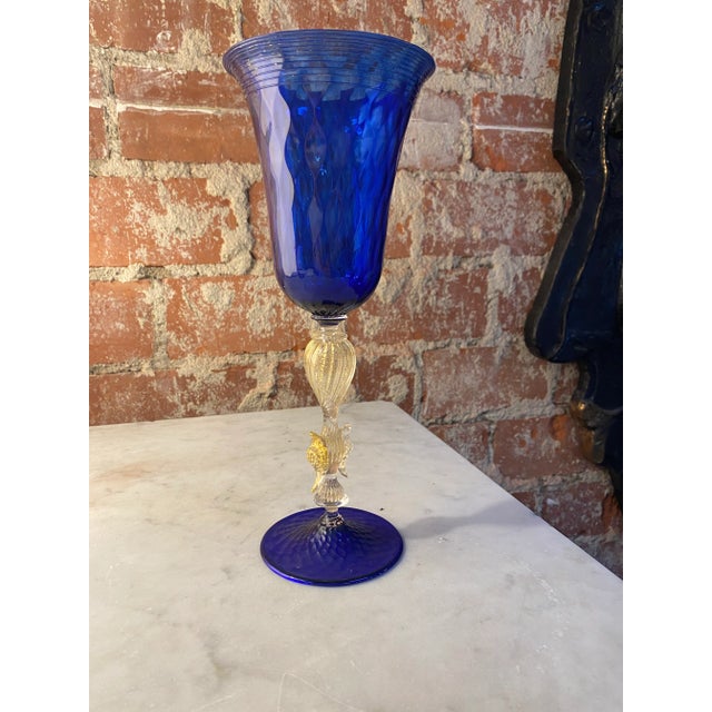 Beautiful and rare Italian Handcrafted Chalice in blue Blown Murano Glass made In Italy 1970s