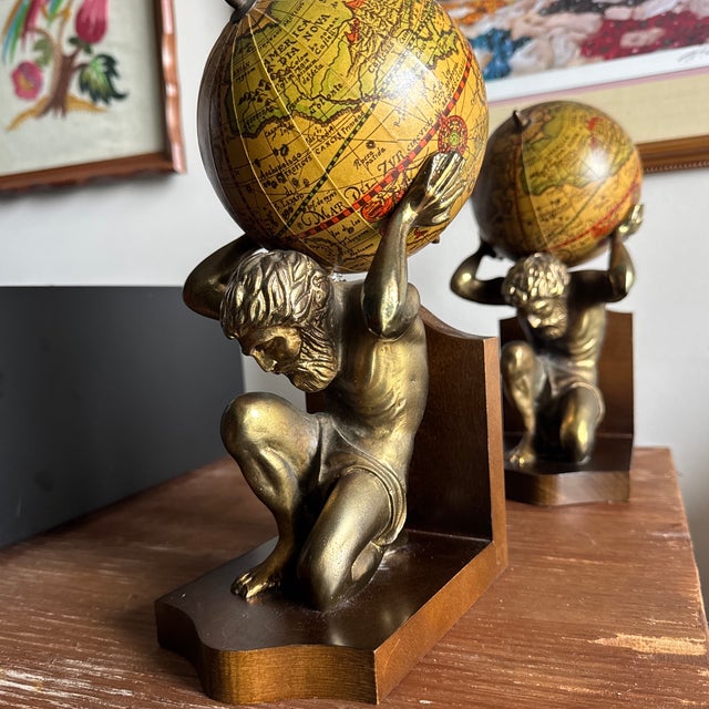Brass 20th Century MCM Brass Hercules and Globe Bookends For Sale - Image 8 of 12