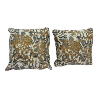 Contemporary Printed Linen Navy Blue and Bronze Down Pillows - a Pair For Sale