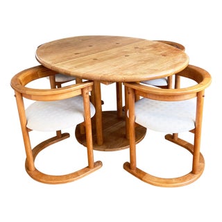 1970s Round Post Modern Brutalist MCM Beech Dining Table + 6 Chairs, 9 Pcs Set For Sale
