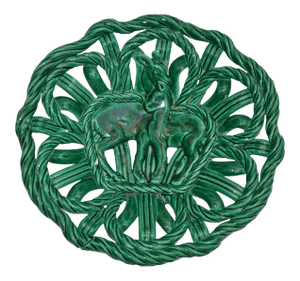 Vallauris France Glazed Woven Ceramic Basket Emerald Green Bambi 1955, Pottery