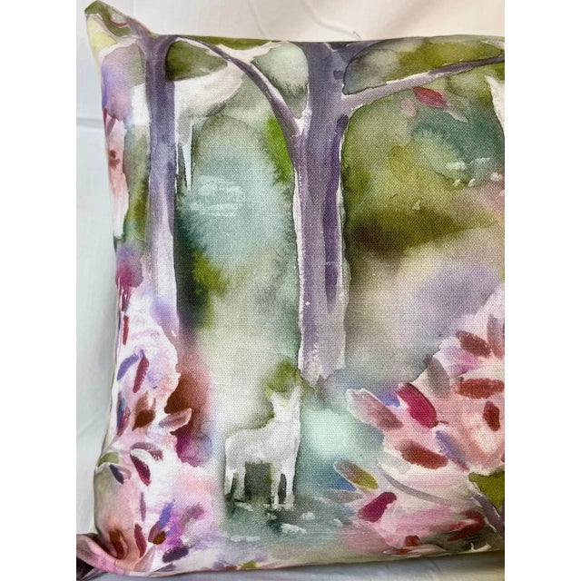 Large Bolster Pillow Adorned With a Muted Water Color Like Forest Scene With Flowering Trees and Deer - Made in the U K For Sale In Dallas - Image 6 of 12