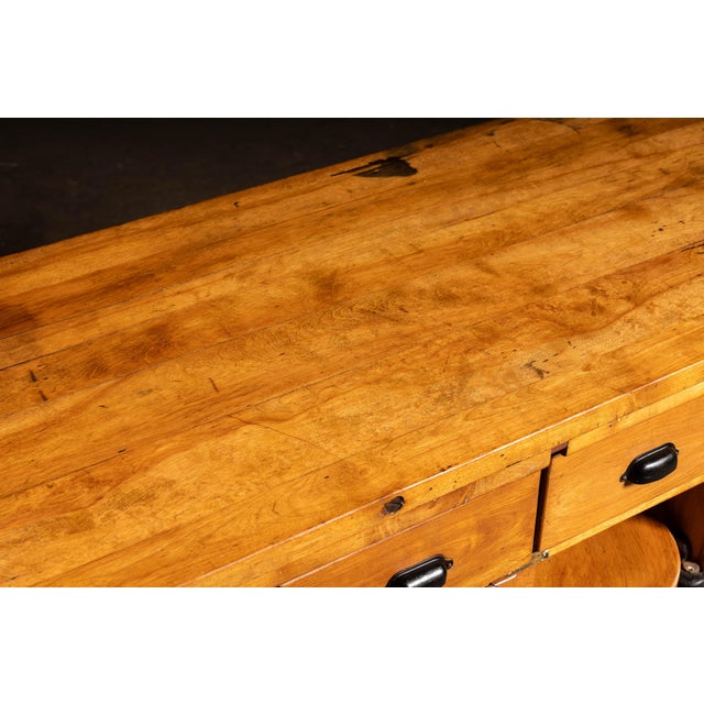 Early 20th Century Walnut Industrial Workbench With Swing-Out Stools For Sale - Image 11 of 18