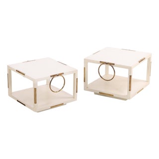 Rare Pair of Two-Tier White Lacquered Wood and Brass End Tables, C. 1960 For Sale