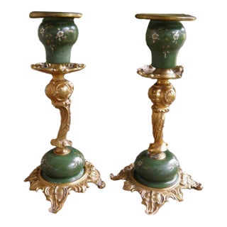 Antique Ornate Brass & Etched Enamel Baroque Rococo Revival Candle Holders For Sale
