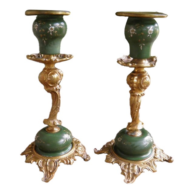 Antique Ornate Brass & Etched Enamel Baroque Rococo Revival Candle Holders For Sale