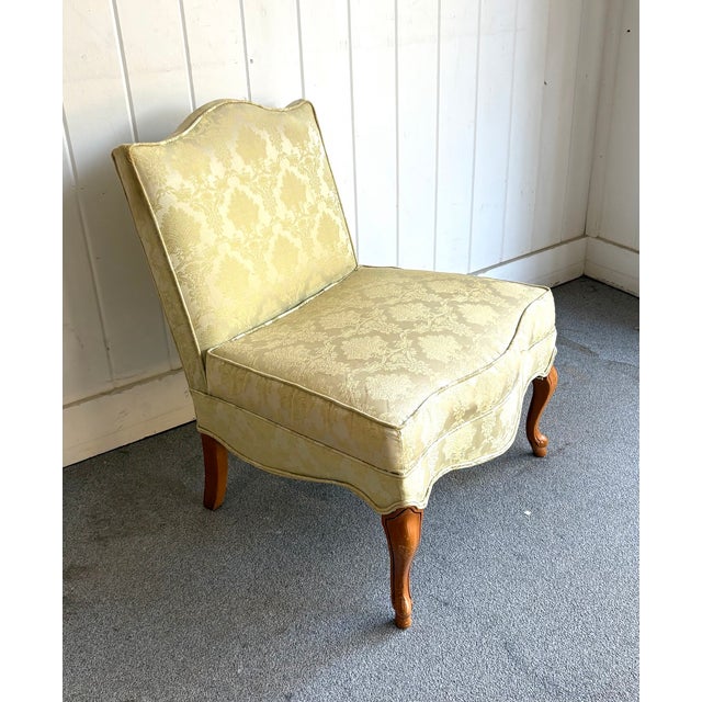 1950s Yellow Silk Damask Slipper Chair For Sale - Image 4 of 6