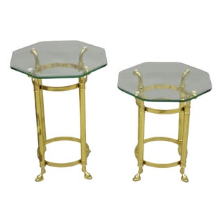 Vintage Hollywood Regency Brass Hoof Foot Glass Top Graduating Side Table - Pair For Sale