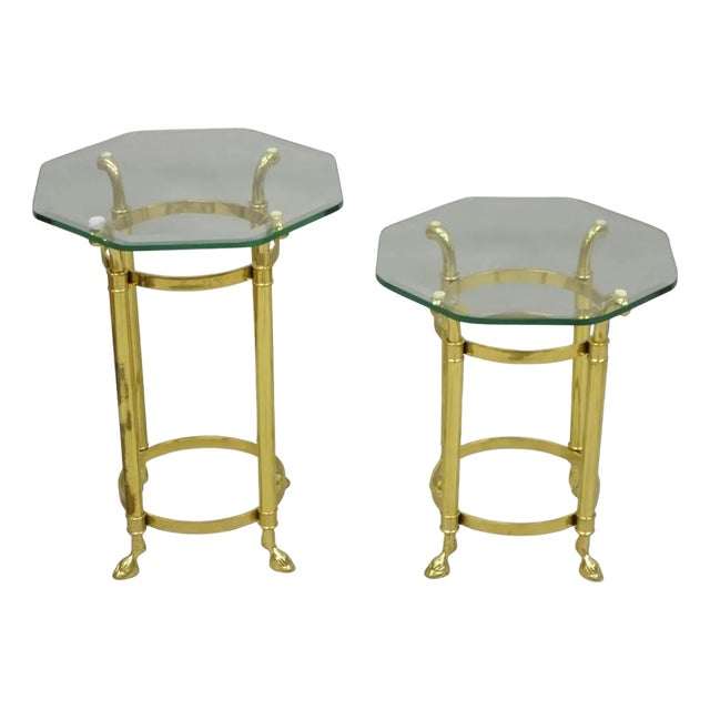 Vintage Hollywood Regency Brass Hoof Foot Glass Top Graduating Side Table - Pair For Sale