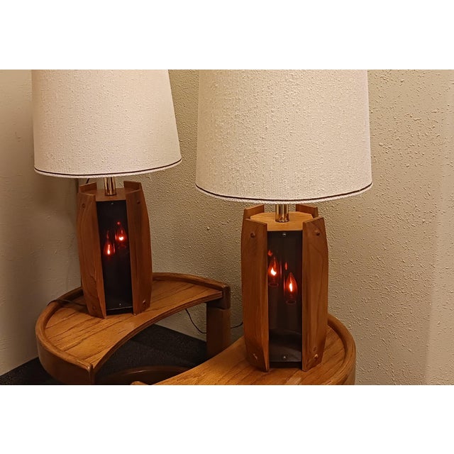 Postmodern Pair of 1970's Postmodern Oak and Smoked Lucite Table Lamps With Shades For Sale - Image 3 of 12