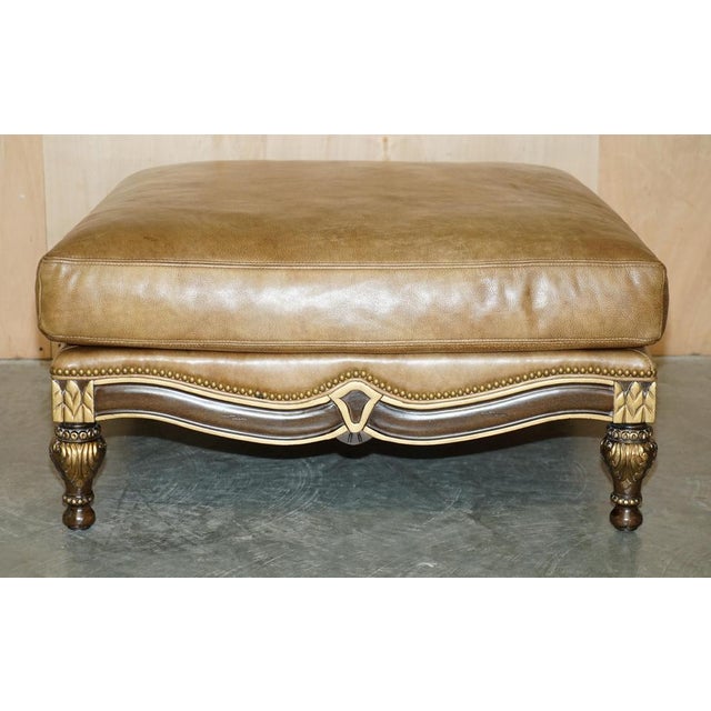 Set of Large Vintage Italian Brown Leather & Giltwood Throne Armchair & Footstool For Sale - Image 18 of 18