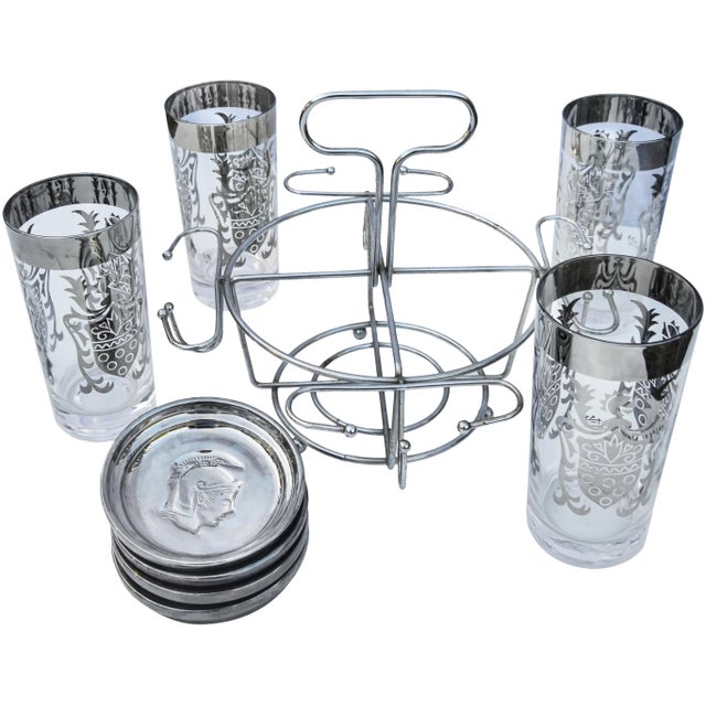 Metal Mid 20th Century Silver-Patterned Glasses Drink Set With Caddy & Coasters Set- 9 Pieces For Sale - Image 7 of 7