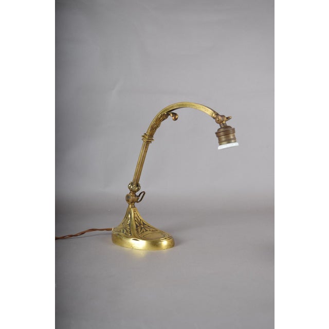 Art Nouveau Brass Desk Lamp with Adjustable Gooseneck, Fluted Glass Shade and Floral Relief Base, Europe, 1920s For Sale - Image 4 of 10