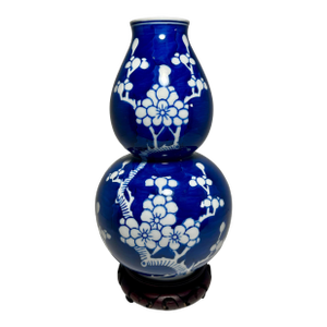 1970's Chinese Jingdezhen Blue and White Hawthorn Pattern Double Gourd Porcelain Vase 9"