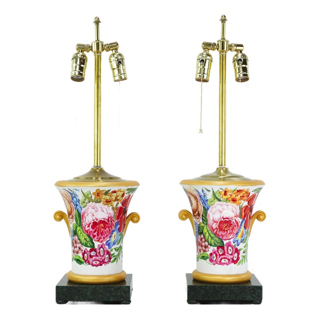 Pair of Vintage Floral Hand-Painted Brunschwig & Fils Wooden Table Lamps With Green Faux Marble Bases For Sale