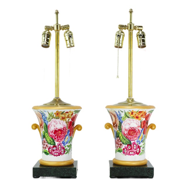 Vintage Floral Hand-Painted Brunschwig & Fils Wooden Table Lamps With Green Faux Marble Bases - a Pair For Sale