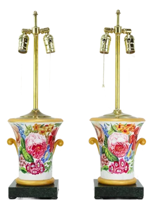 Vintage Floral Hand-Painted Brunschwig & Fils Wooden Table Lamps With Green Faux Marble Bases - a Pair