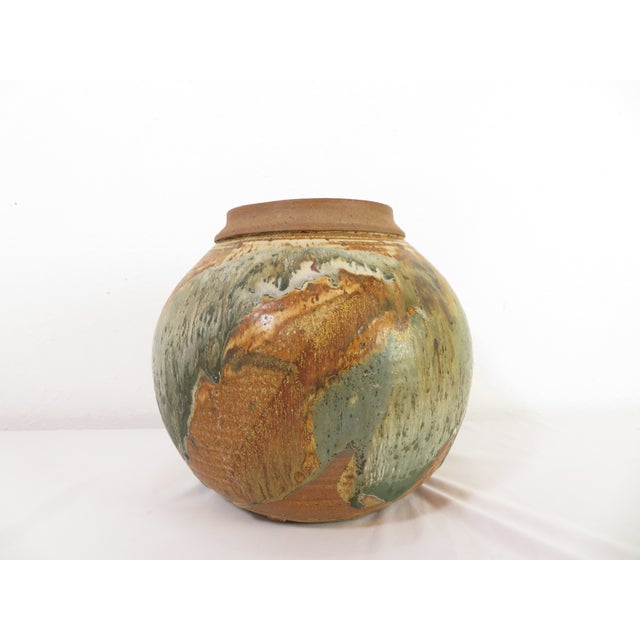 Vintage Eugene Johnson 12" Studio Art Pottery Spherical Vase ~ Drip Glaze Stoneware Planter Pot For Sale - Image 11 of 15