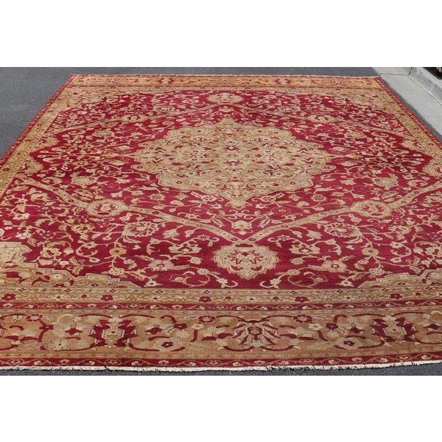 Red Large Antique Agra Carpet With Floral Design in Tones of Red and Taupe For Sale - Image 8 of 17