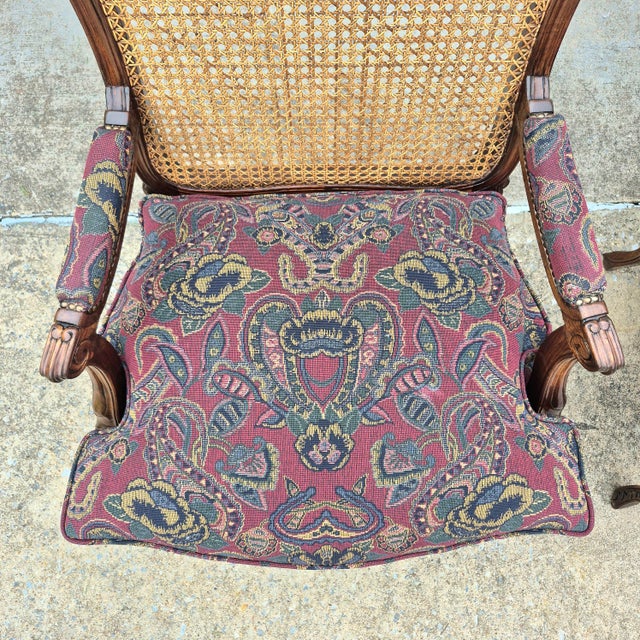 Brown Late 20th Century Louis XV Carved Walnut Cane Back Arm Chairs Fauteuils, a Pair For Sale - Image 8 of 18