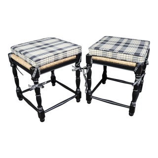 Pair Sheraton Style Ebonized Rush Seat Footstools For Sale