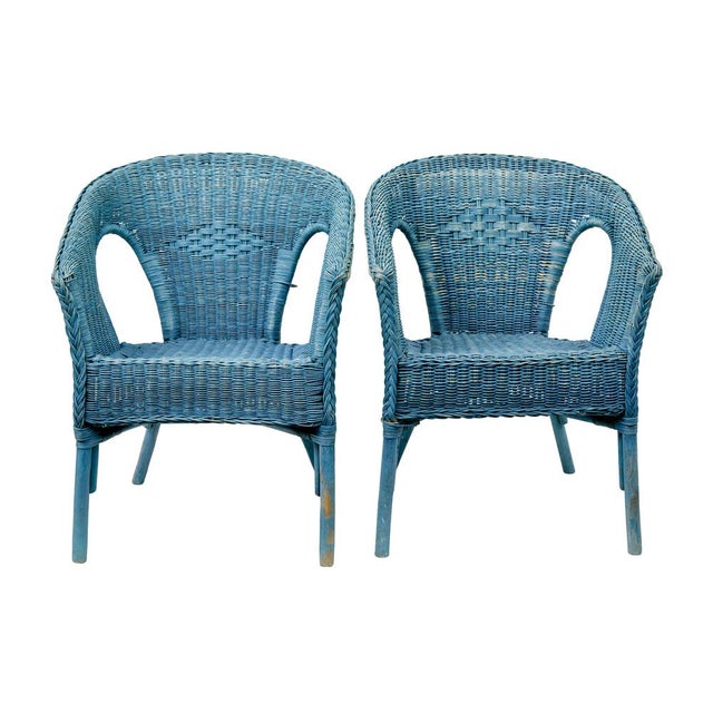 Wood Mid-Century Modern Blue Painted Wicker Armchairs, 1950, Set of 2 For Sale - Image 7 of 7