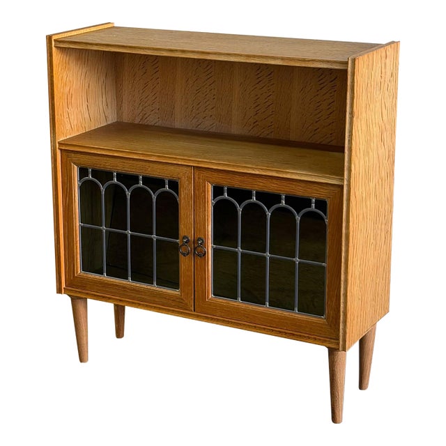 Vintage Danish Oak Cabinet With Leaded Glass Doors – Mid Century Modern Display Bookcase For Sale