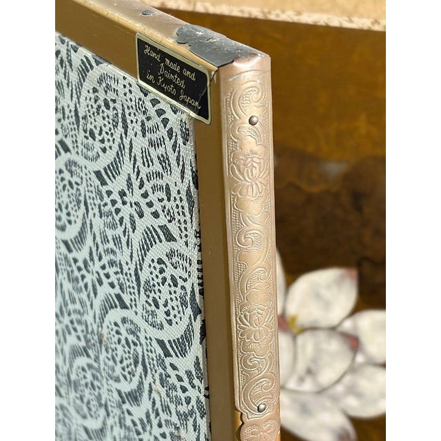 Vintage Japanese Byobu With Painted Lotus Flowers 4 Panels Folding Screen For Sale - Image 9 of 16