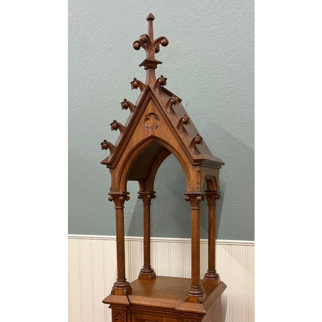 Wood Antique French Gothic Revival Statuary Niche Cabinet Pedestal Altar Oak Late 19c For Sale - Image 7 of 18