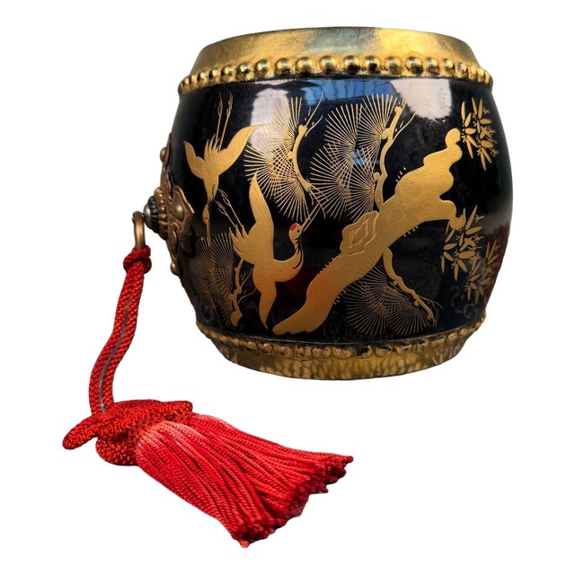 Japanese Decorative Taiko Drum with Gold Crane Motif, 1960s For Sale