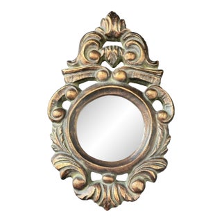 Vintage Venetian Gilded Mirror – Ornate Italian Tole Carved Frame, Petite Accent Mirror For Sale