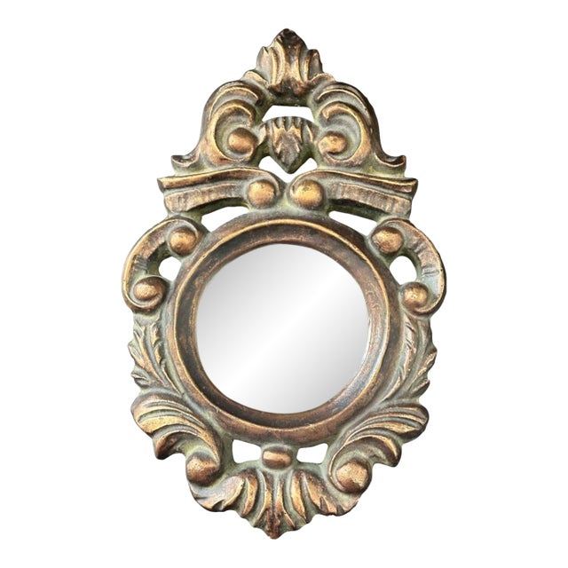 Vintage Venetian Gilded Mirror – Ornate Italian Tole Carved Frame, Petite Accent Mirror For Sale