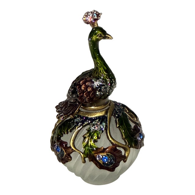2006 Fitz and Floyd Guild Jeweled Peacock Perfume Bottle Frosted Glass For Sale