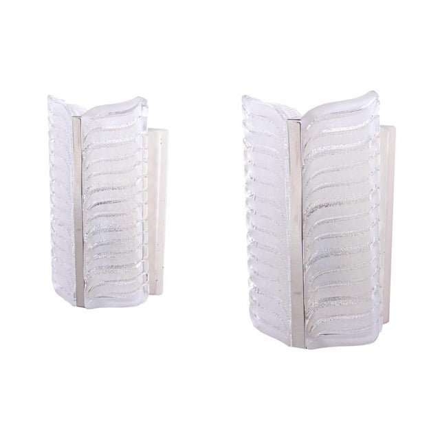 Frosted Murano Glass and Chrome Wall Sconces by J. T. Kalmar for Kalmar, Austria, 1960s, Set of 2 For Sale - Image 3 of 8