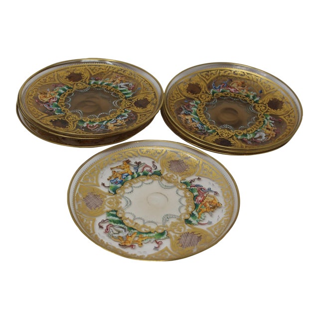 Antique Hand Blown Murano Attributed Glass Enameled Dishes - Set of 7 For Sale