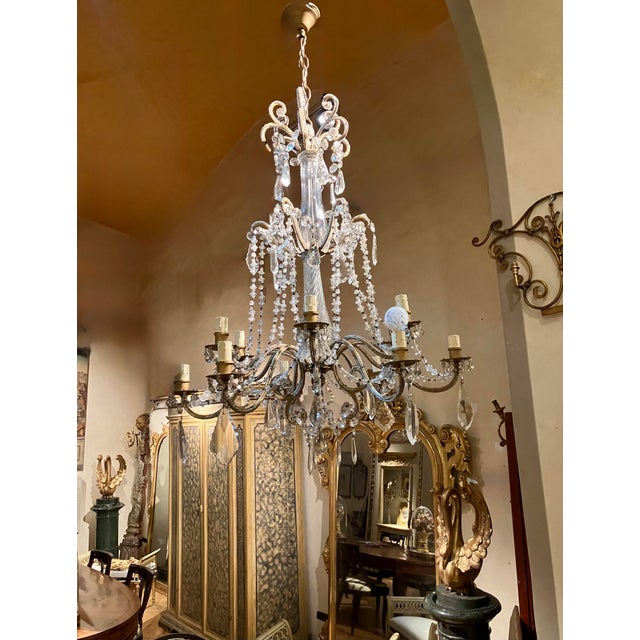 Italian 19th century crystal and murano 12-light cage chandelier, louis xv style antique italian cut crystal and beaded...
