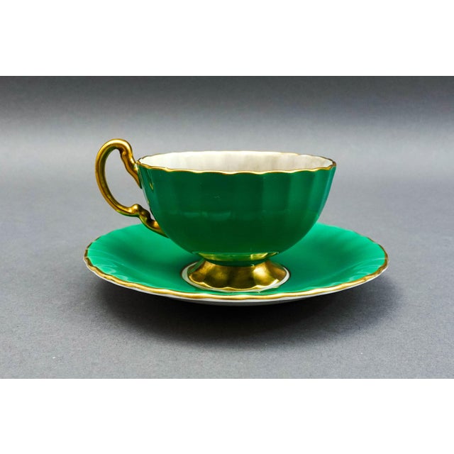 Ceramic Anysley j.a. Bailey Signed Vintage Pink Cabbage Rose Green Gold Tea Cup & Saucer For Sale - Image 7 of 12