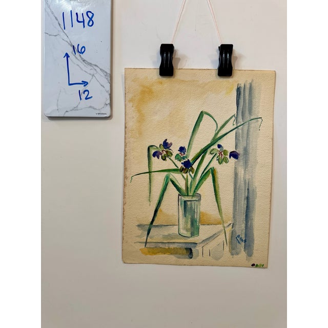 Paper Emil Salloch Original Watercolor on Paper Indoor Still Life Featuring Irises in a Glass Vase, 1945. For Sale - Image 7 of 7