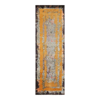 Rug & Kilim’s Modern Abstract Runner in Blue With Gold Patterns For Sale